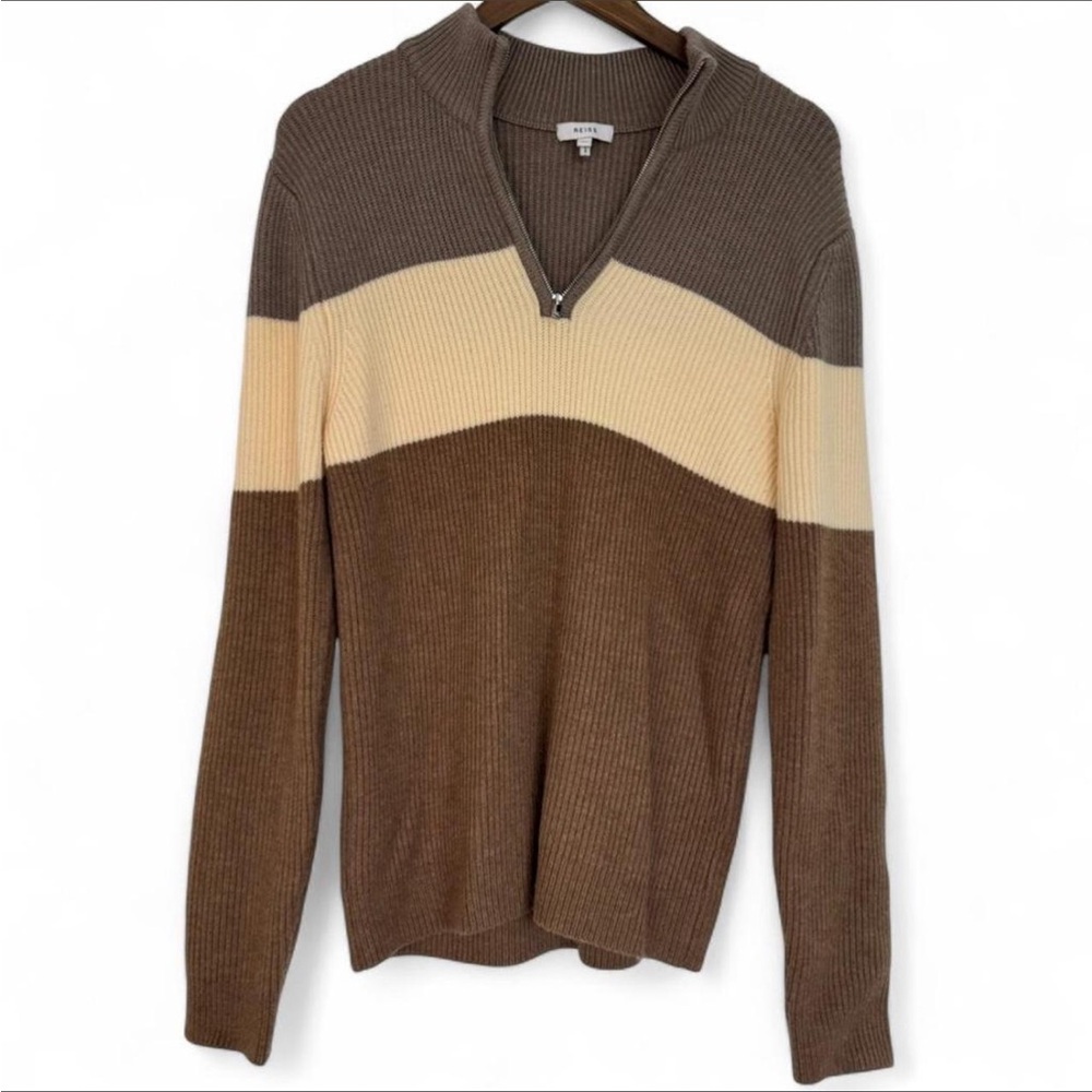 Reiss Brown Tan Cream Striped Colorblock Jumper Knit V-Neck Sweater Medium
